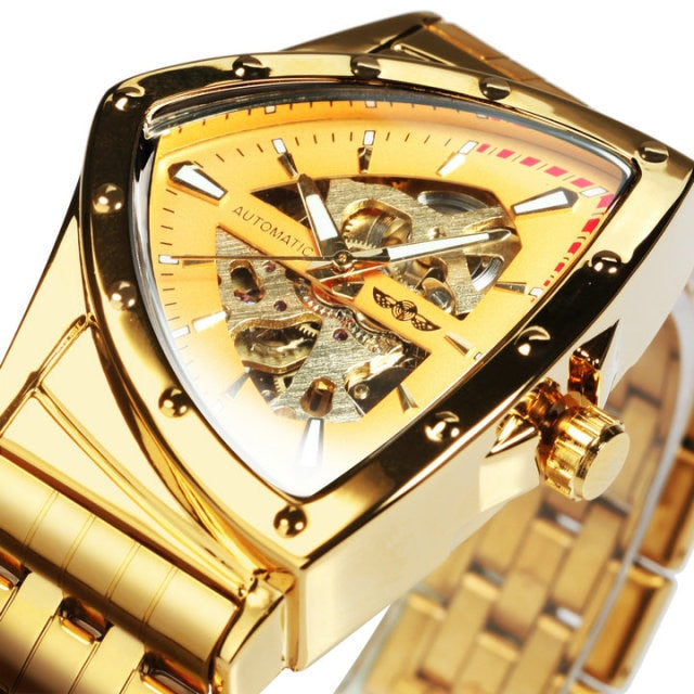Triangle Military Men Watch Skeleton Mechanical Automatic Wristwatches Silver Stainless Steel Strap Irregular