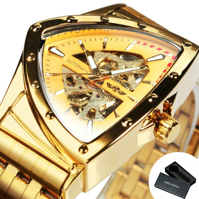 Triangle Military Men Watch Skeleton Mechanical Automatic Wristwatches Silver Stainless Steel Strap Irregular