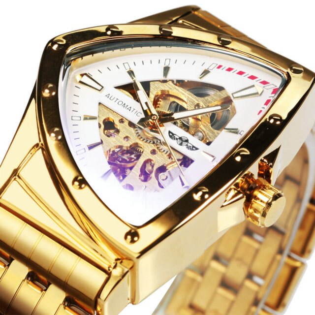 Triangle Military Men Watch Skeleton Mechanical Automatic Wristwatches Silver Stainless Steel Strap Irregular