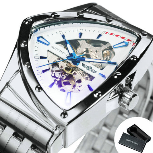 Triangle Military Men Watch Skeleton Mechanical Automatic Wristwatches Silver Stainless Steel Strap Irregular